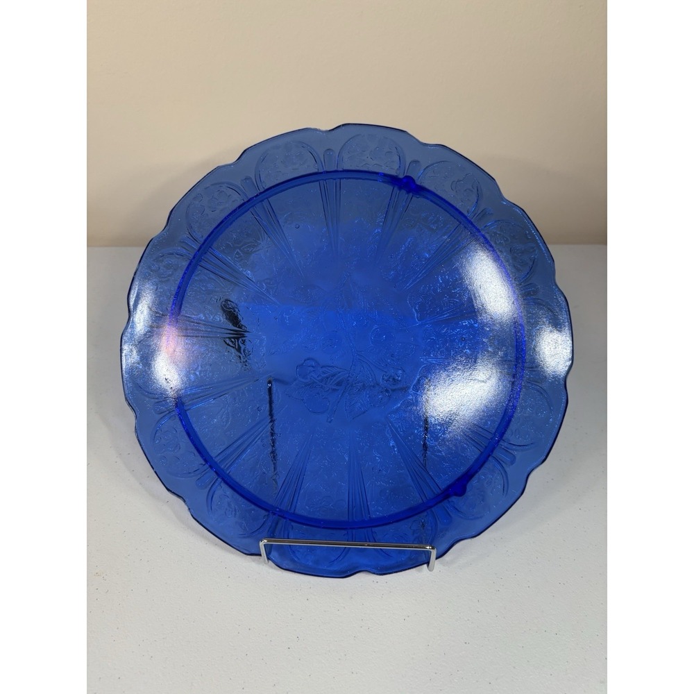 Vintage Reproduction Depression Glass Cake Plate Cherry Blossom Pattern Blue